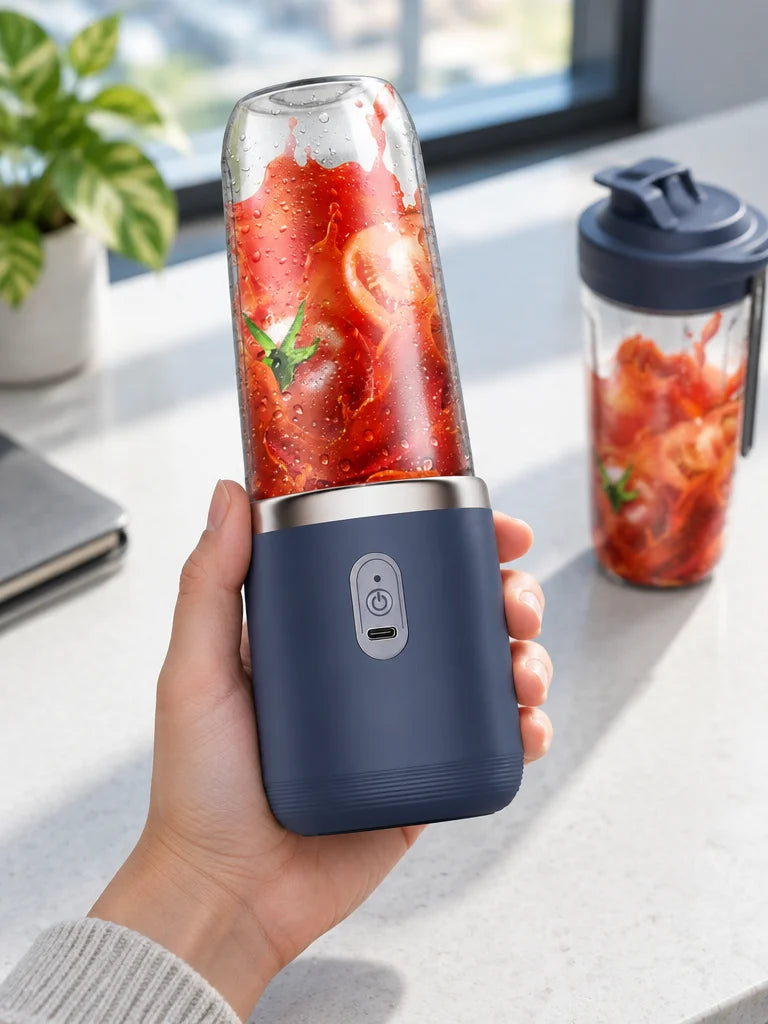 A close, slightly overhead photograph of the exact portable blender held upright in one hand at real