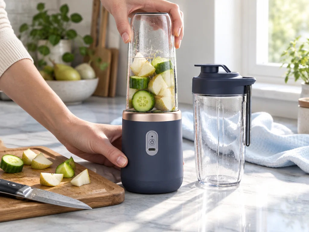 A close photograph of the exact dark-blue portable blender at a lived-in home kitchen counter, clear