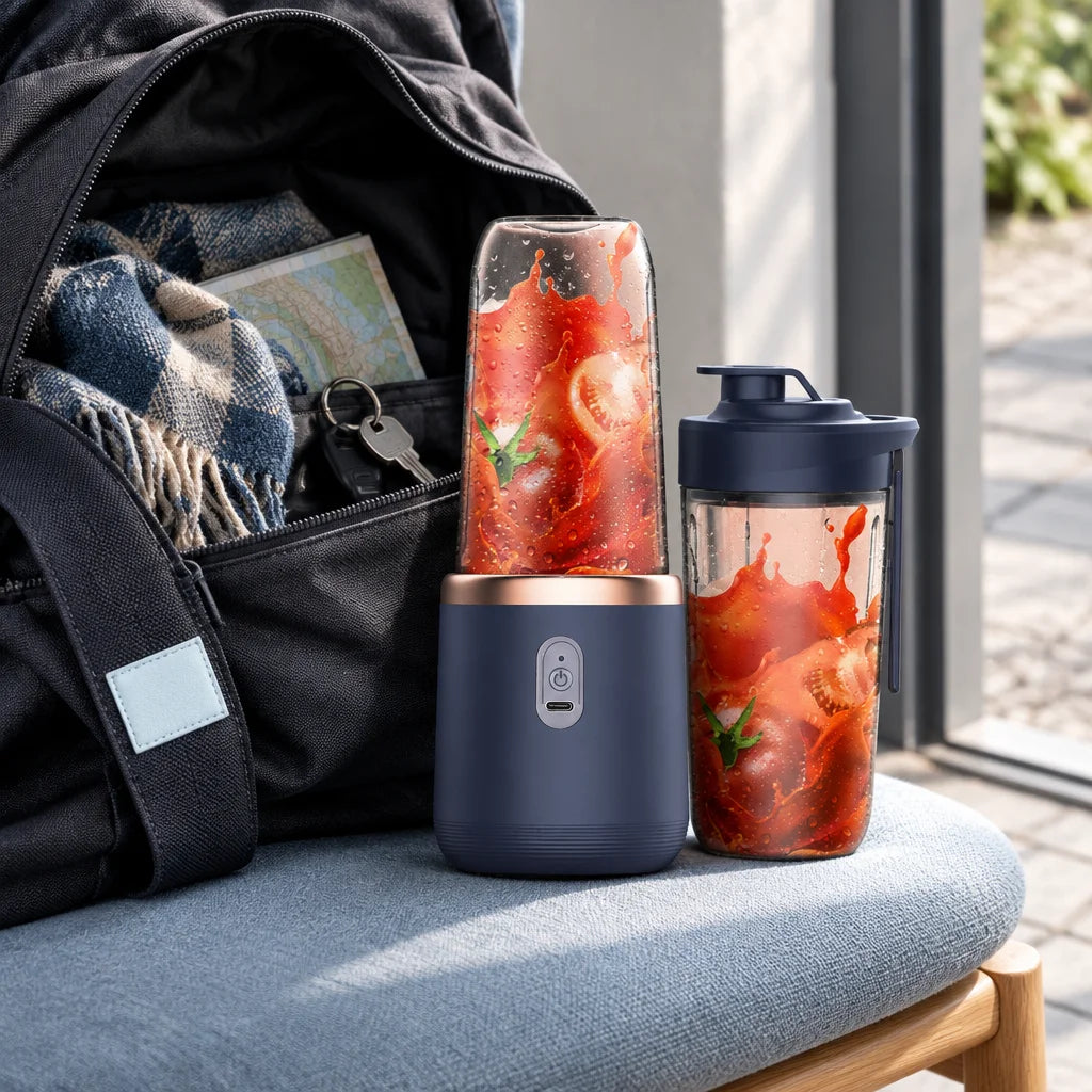 A close photograph of the exact dark-blue portable blender and its lidded clear cup beside an open e