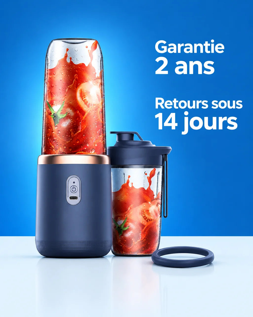 A graphic photograph of the exact dark-blue portable blender with clear cup, largest and sharply rec