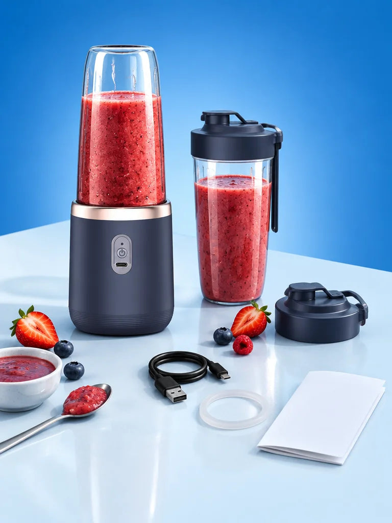 A photograph of the exact dark-blue portable blender with its clear cup, the second clear travel cup