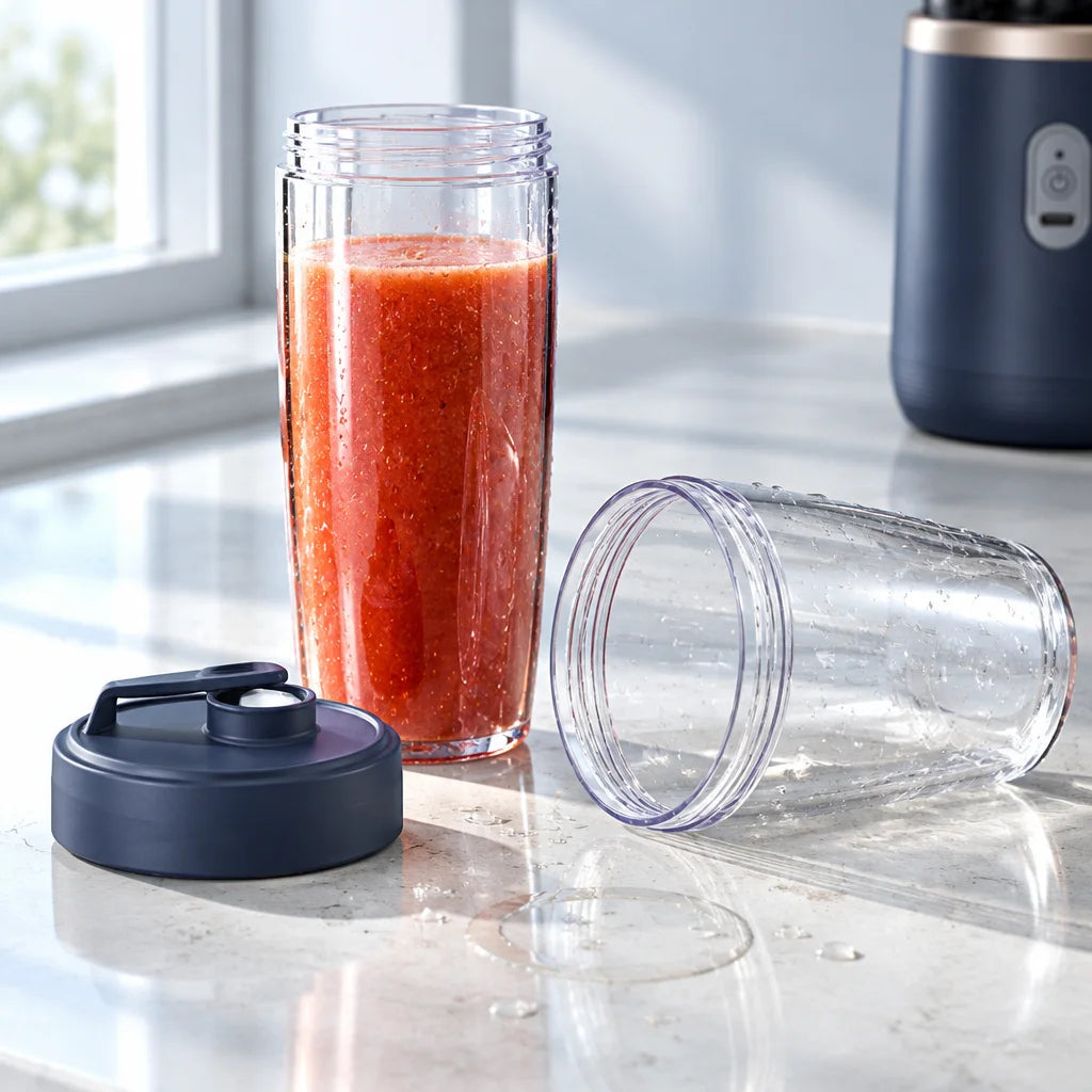 A close product photograph of the two clear travel cups from the exact set, one upright with its dar