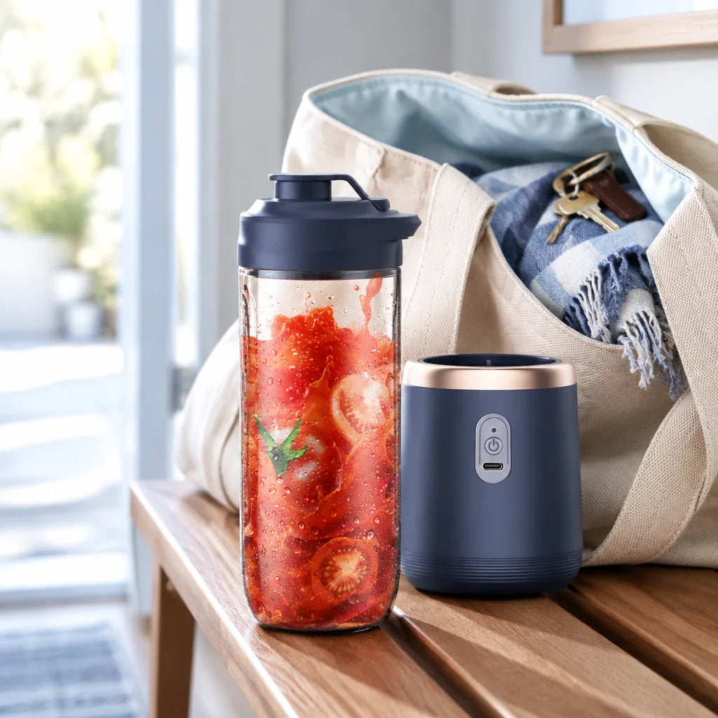 A photograph of the exact dark-blue blender and its lidded clear travel cup beside an open canvas da
