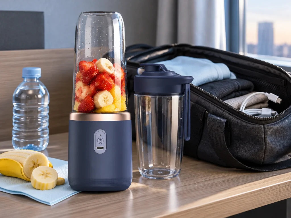 A close photograph of the exact dark-blue portable blender and its two clear cups at a compact hotel