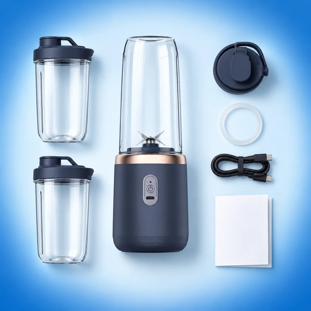 A top-down flat-lay photograph of everything included with the exact dark-blue portable blender, on
