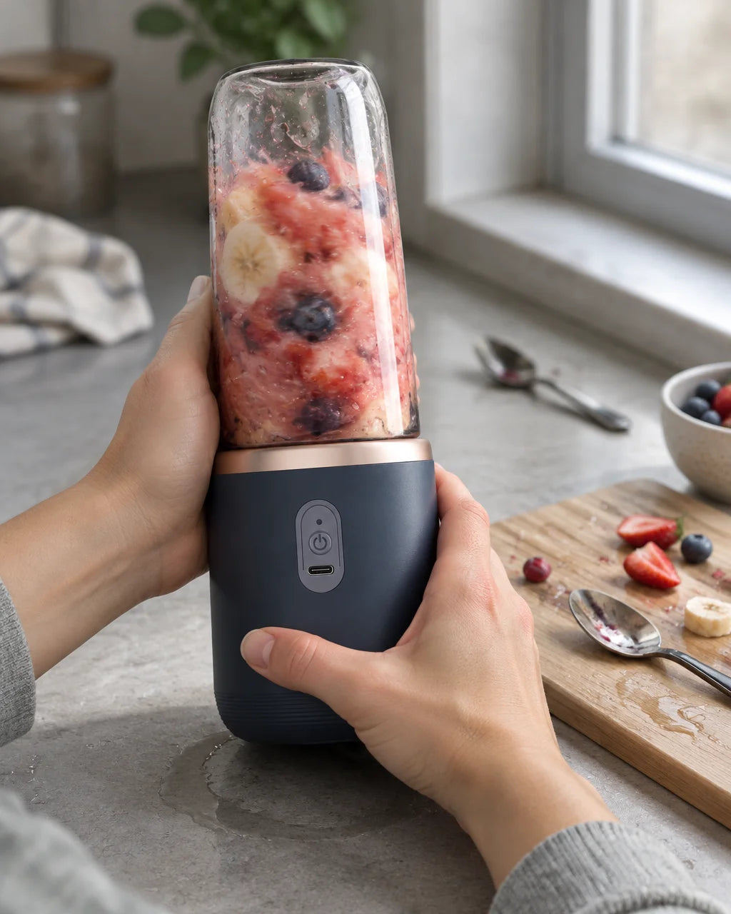 A close photograph of the exact dark-blue portable blender in use at a small kitchen counter, with a