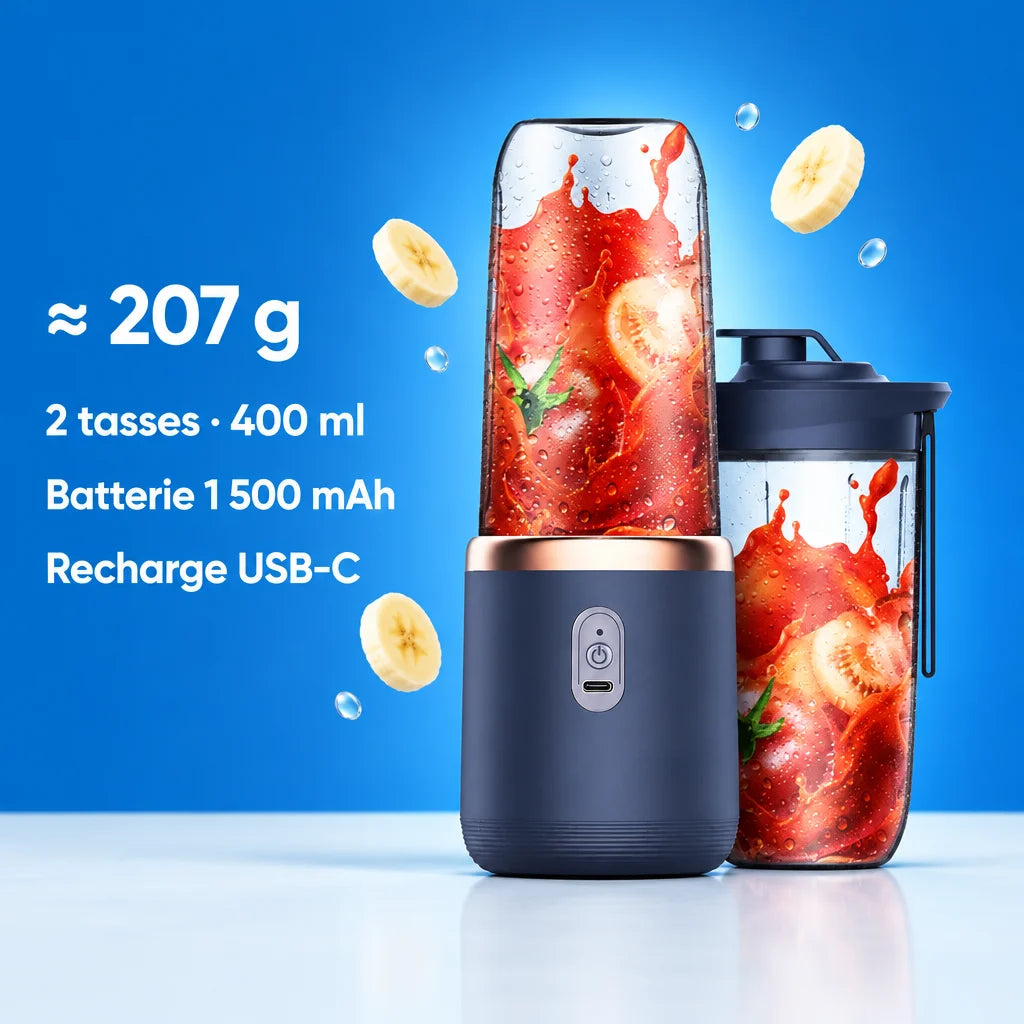 A graphic photograph with the exact dark-blue portable blender and clear cup as the largest, sharpes
