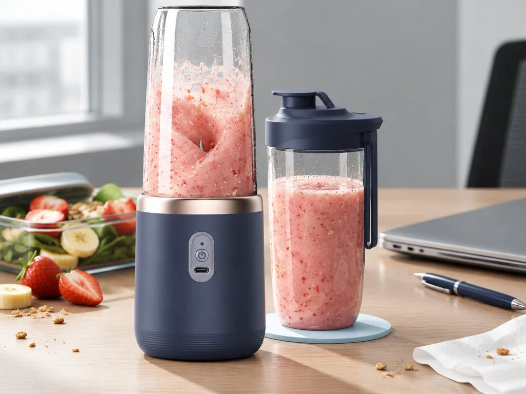 A photograph of the exact dark-blue portable blender mixing a small strawberry-and-banana smoothie o