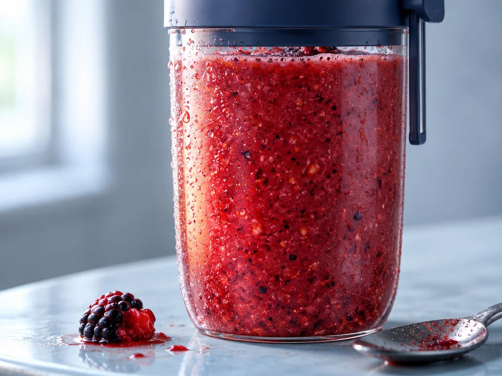 A macro photograph of a freshly blended berry smoothie inside the clear travel cup from the exact bl